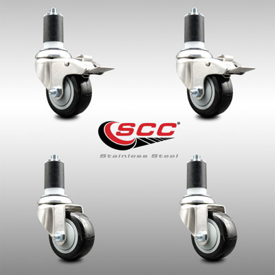 3 Inch 316SS Black Poly Swivel 1-1/2 Inch Expanding Stem Caster Set 2 Lock Brake