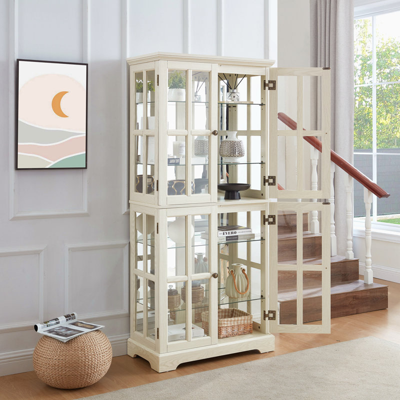 Curio Display Cabinet,Antique Display Cabinet With Glass Doors Adjustable Shelves For Collectibles Four Door Design Vintage Showcase For Home Or Office Antique Display Case E26 Bulb Included WHI