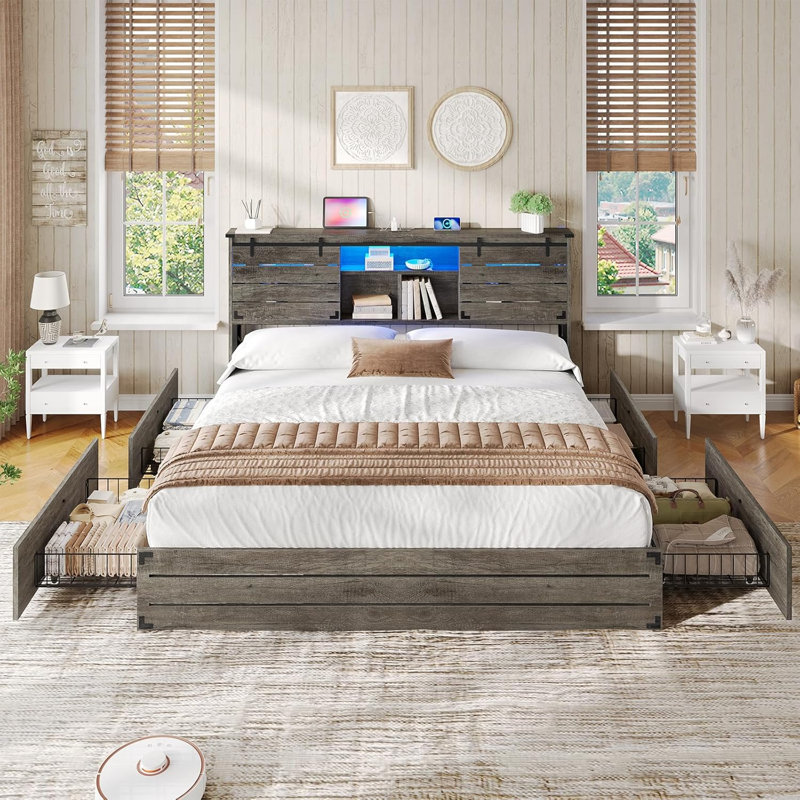 Farmhouse Storage Bed with 4 Drawers, Gray, King
