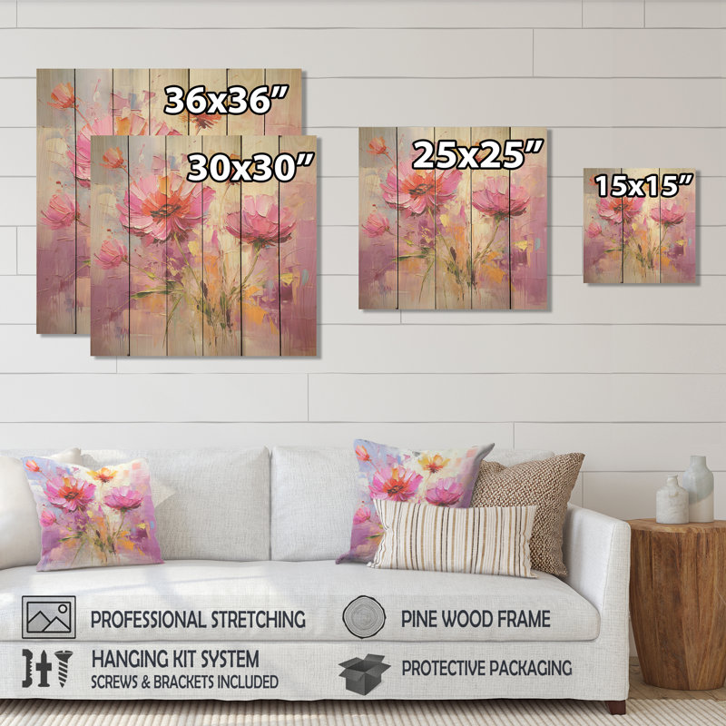 Jardin rose et jaune des bleuets - Bleuets sur bois, H 36 po x l 36 po