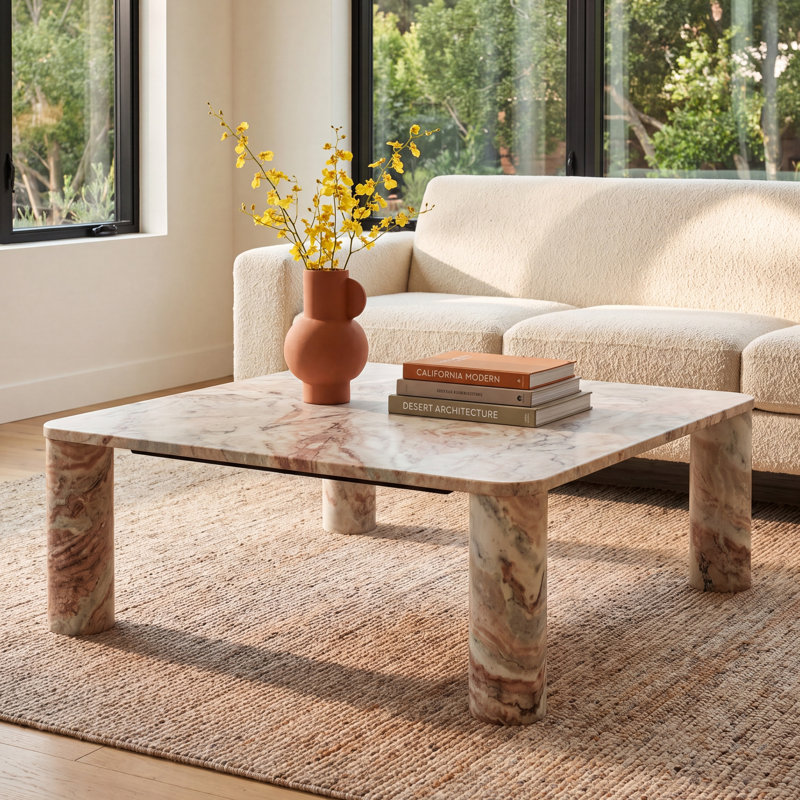 Enid Solid Marble Square Coffee Table, White/Brown