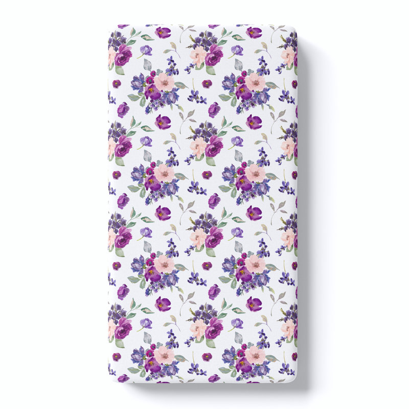 White Floral Rayon Toddler Crib Sheet with Purple and Blush Pattern
