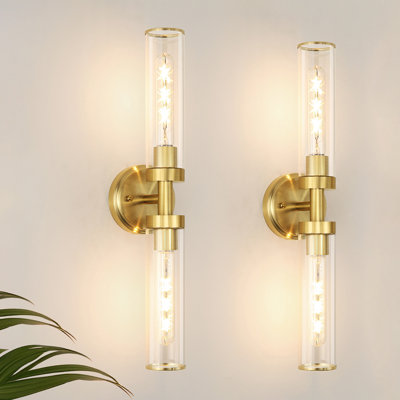 Modern Brass Gold Wall Sconce Set Of 2 With Clear Glass Shade - Hardwired Bathroom Vanity Lighting For Mirror, Hallway, Bedroom