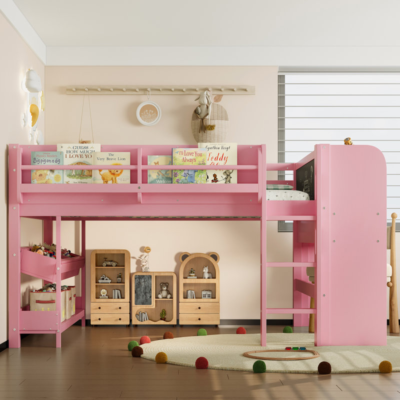Lit mezzanine double avec bureau, tiroirs de rangement et bibliothèques, lit mezzanine bas en bois massif avec tableau noir, sans sommier, rose