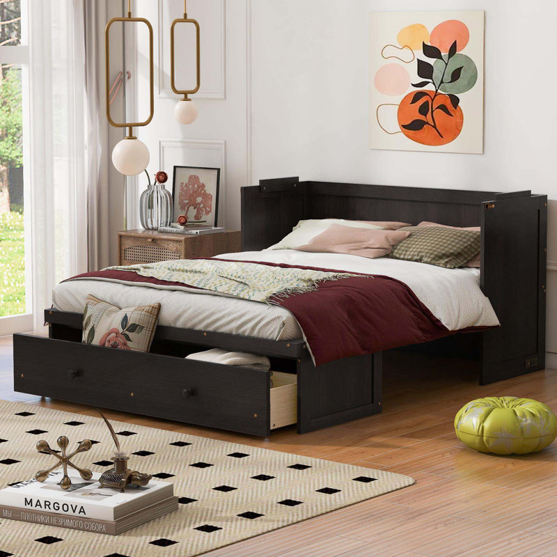 Lit escamotable avec port USB et grand tiroir, Espresso, Grand