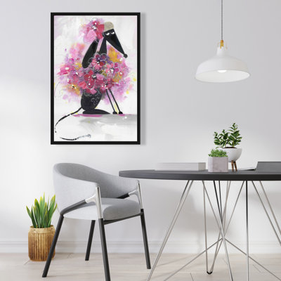 Dessin de chien avec des fleurs roses, reproduction sur toile