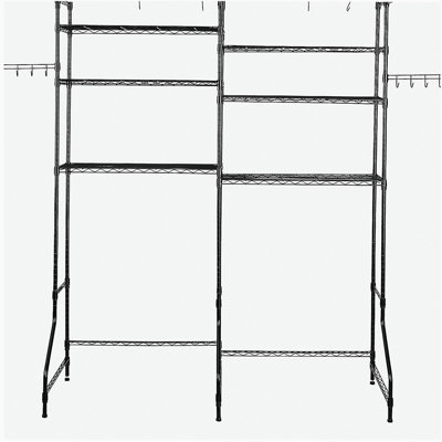 Over The Washer and Dryer Storage Shelf, 6 Tier Laundry Room Drying Rack with Hanger Rod and Hooks, Adjustable Over Washer and Dryer Shelves, Laundry Room Shelf Storage Space Saver, Black