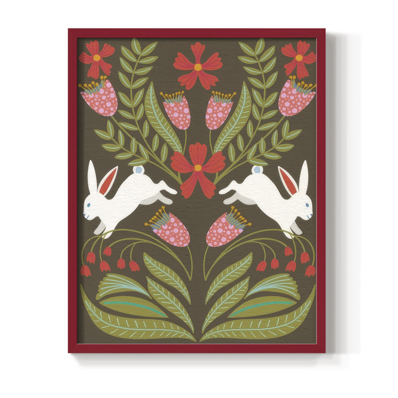 «Folk Flower and Rabbit I», reproduction encadrée - bois massif, H 11 po x l 9 po, Rouge
