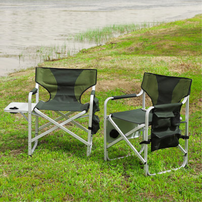 Chaise pliante rembourrée 2 pièces pour l'extérieur avec table d'appoint et poches de rangement, chaise de réalisateur surdimensionnée légère pour le camping intérieur, extérieur, les pique-niques et la pêche, vert