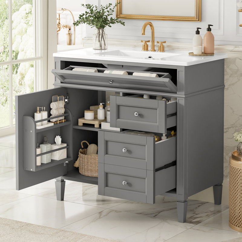 Meuble-lavabo moderne 36 po avec comptoir en céramique, meuble-lavabo gris avec 2 tiroirs et tiroir coulissant
