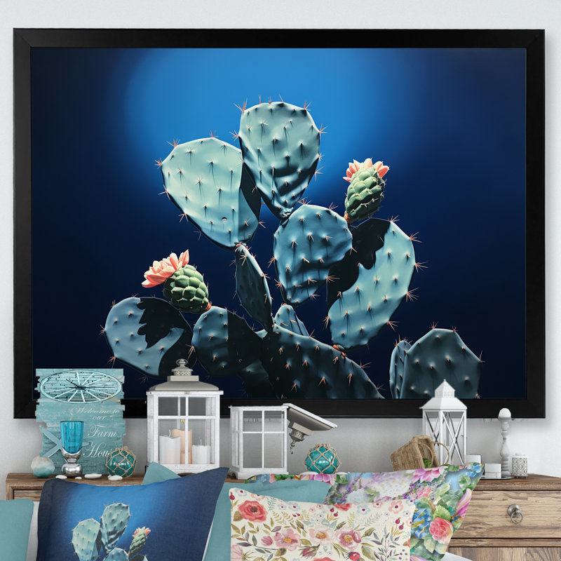 Cactus saphir solitude I sur toile, Cadre simple noir, H 30 po x l 40 po x P 1,5 po