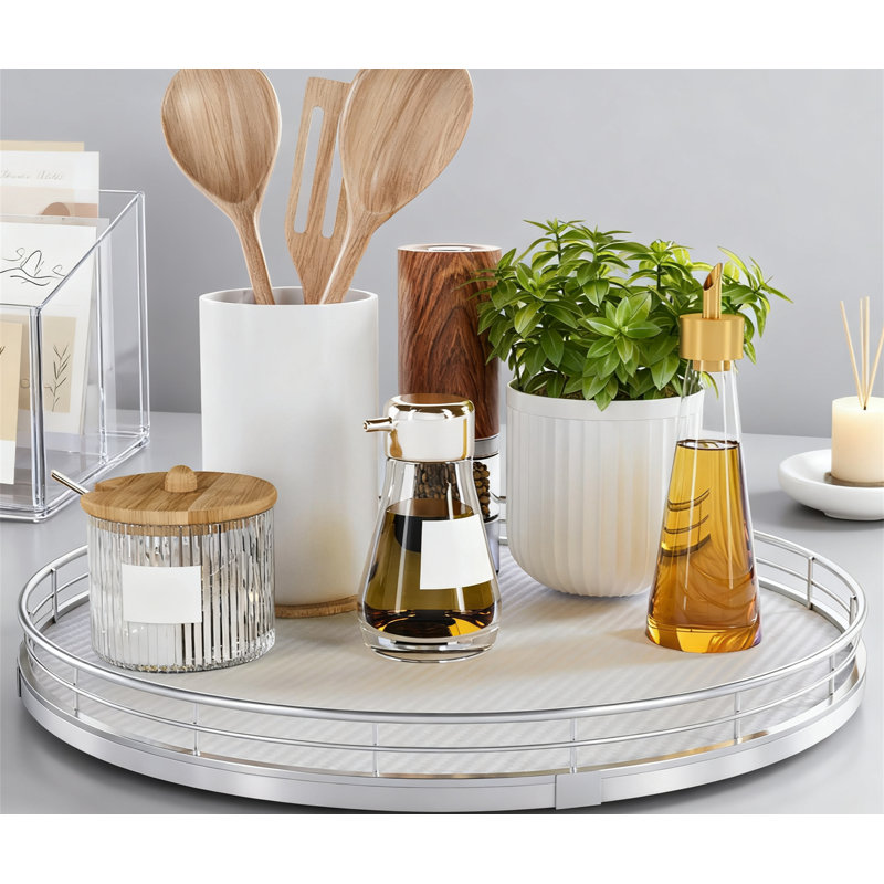 Wooden Turntable Organizer For Kitchen, Bathroom & Coffee Table, 360° Smooth Rotation With Raised Edges, Anti-Slip Pads & Rustic Style Design
