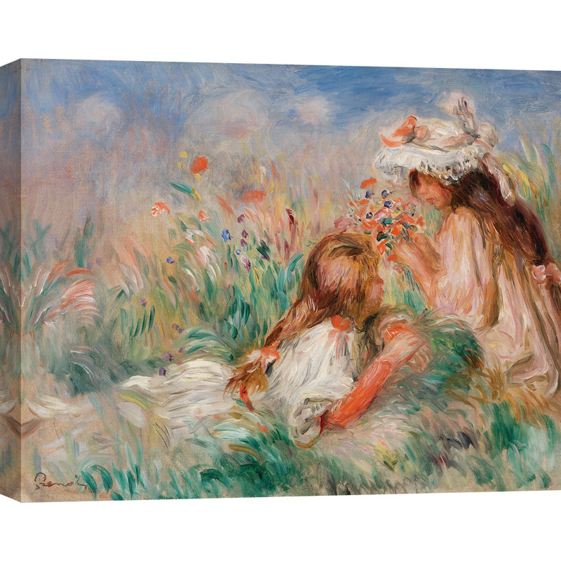 Girls in the Grass Arranging a Bouquet by Pierre-Auguste Renoir - 1 Piece Wall Art on Canvas, 60cm H x 80cm W x 4cm D