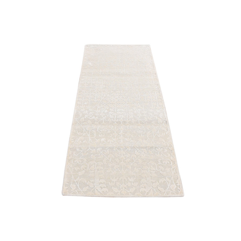 Tapis de couloir 2 pi 5 po x 6 pi ivoire en soie pure noué à la main avec laine 10F64C11986B4FC5B4FE3B0EB64B0A14