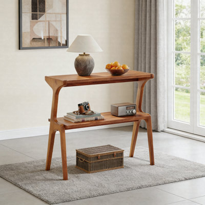 Table de bout en bois massif avec tablette de rangement et table de chevet étroite à 2 niveaux