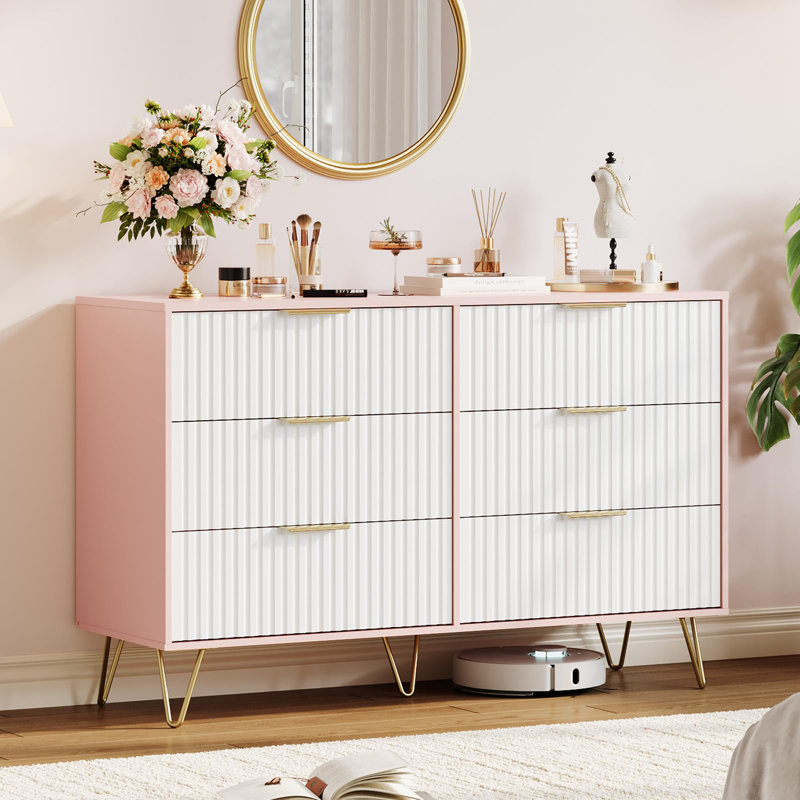 Commode 47 po à 6 tiroirs, commode en bois moderne et meuble télé pour chambre à coucher et salon, Rose