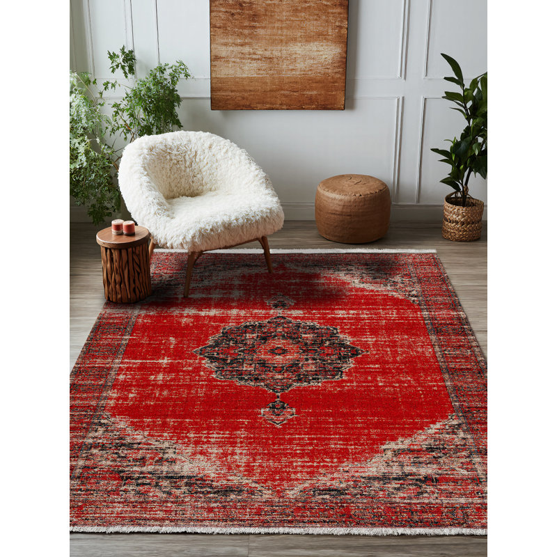 Mottos Red Oriental Machine Printed Cotton Polyester Area Rug, Square 4'