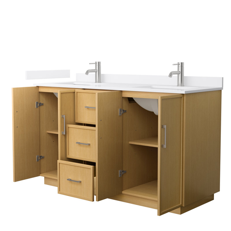 Meuble-lavabo double 60 po Elan TK, Nickel brossé, Marbre de culture blanc, Beige
