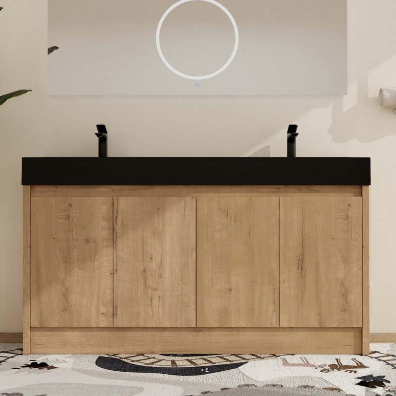  Quarnar 60" Double Sink Freestanding Bathroom Vanity,Floor Standing Vanity with 4 Doors and Black Resin Top, 60"