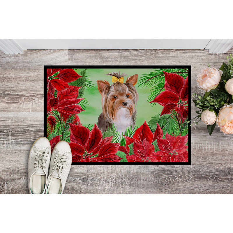 Tapis de porte pour l’extérieur antidérapant yorkshire terrier poinsettas, Rectangle 2 pi x 3 pi