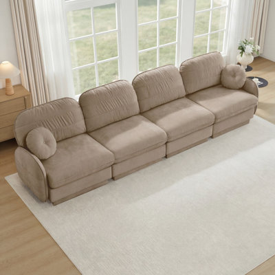 Canapé de 137 pouces à 4 places en chenille nuage, coussins ronds exquis et coussins de dossier matelassés, pieds de cadre de base encastrés, assise de conception ergonomique, canapé à assise profonde pour salon, café léger