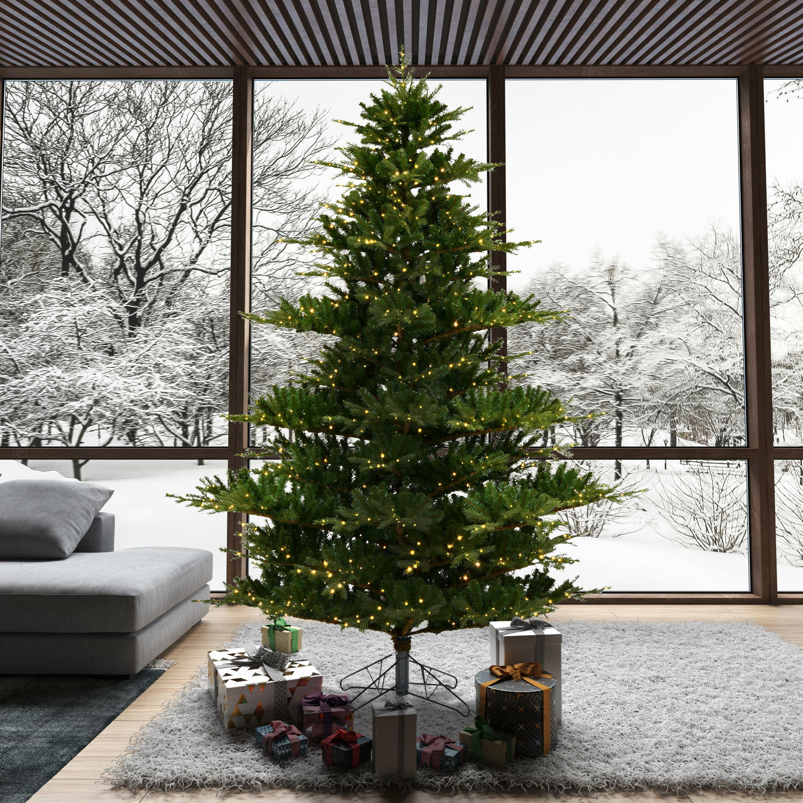 Flocked Pre-Lit Pine Christmas Tree, 9 ft