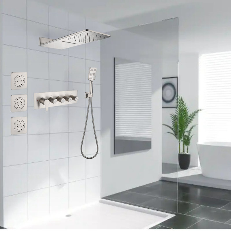 23.6-inch Dual Functions Waterfall & Rainfall Shower Faucet Set With 3 Body Jets & Handheld Shower, Brushed Nickel