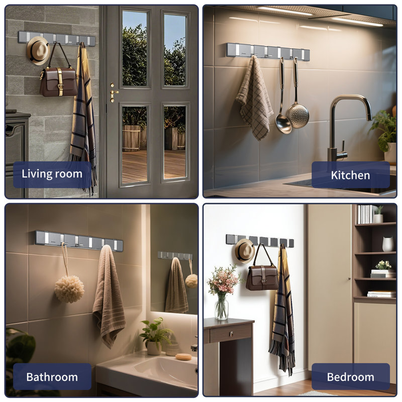 Porte-manteaux mural pliable en acier inoxydable avec 6 crochets pliables standard peu encombrants, idéal pour l'entrée, la salle de bain, le salon ou la chambre.
