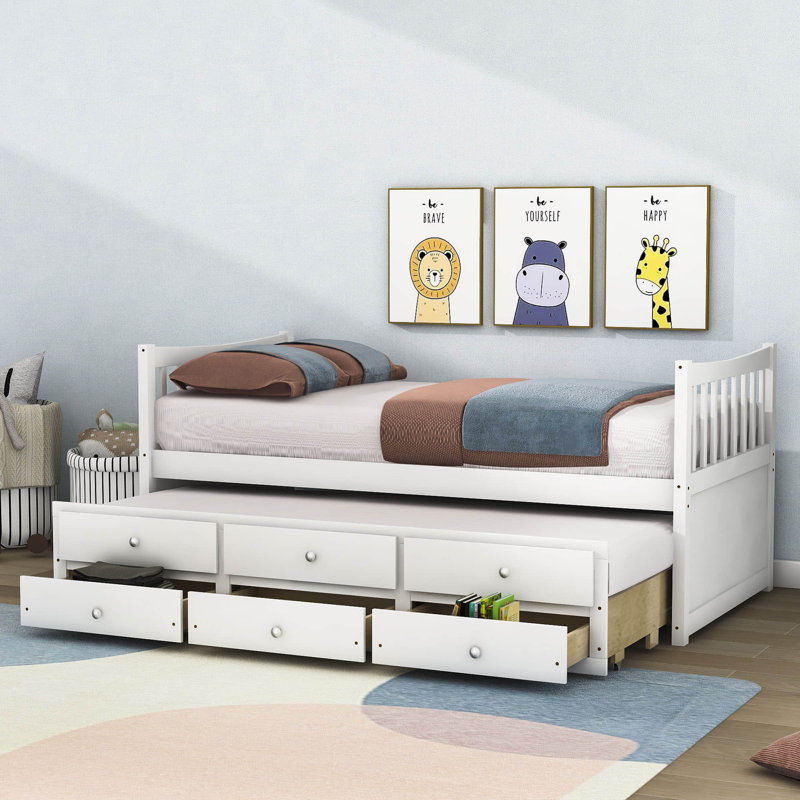 Lit plateforme simple avec lit gigogne et tiroirs, Blanc