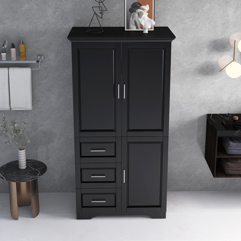 Tall And Wide Storage Cabinet With Doors And Drawers For Bathroom, Office, Living Room, Black