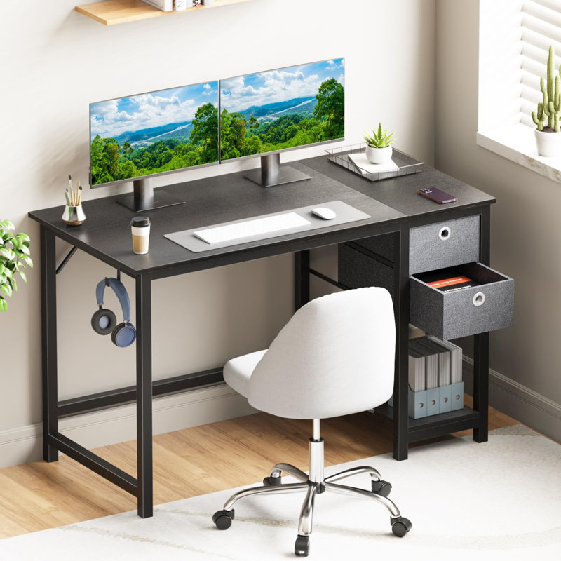 Computer Desk With Storage Drawers, Small Office Desk Modern Simple Study Writing Table For Home Bedroom, Spacious 40X24 Desktop With 2-Tier Drawer, Black