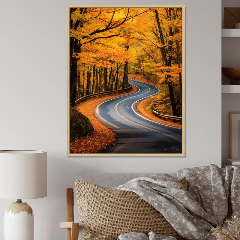 Passerelle, route d'automne dans la forêt I, Cadre flottant brun, H 40 po x l 30 po x P 1,5 po