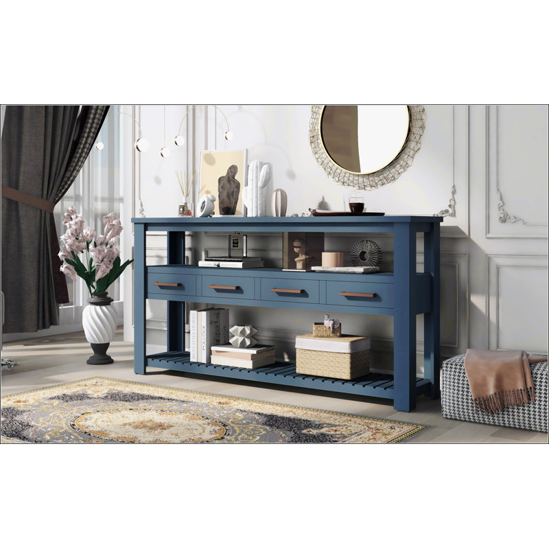 Navy Blue 62" Wood Console Table with Drawers and Shelves