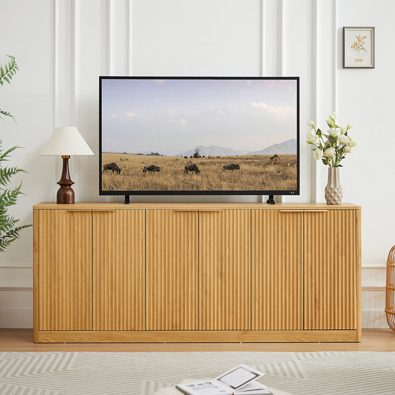 Modern Wavy Sideboard With Curved Design, 6-Door Storage Cabinet, Living Room Cabinet, Natural