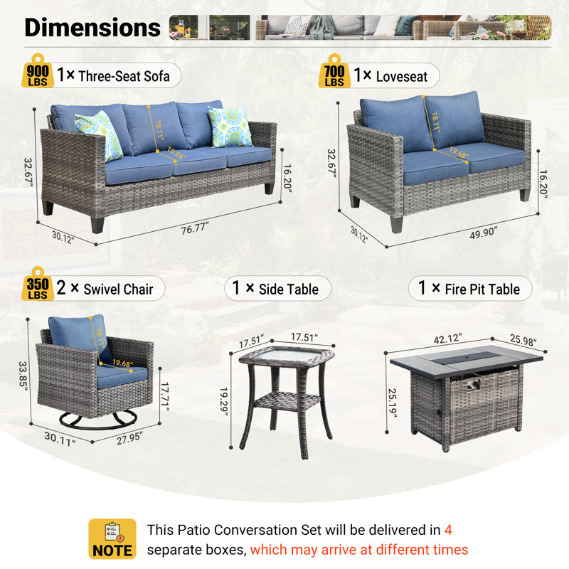 Lovall Premium All-Weather Wicker 7 - Person Patio Conversation Sets with Cushions, Denim Blue