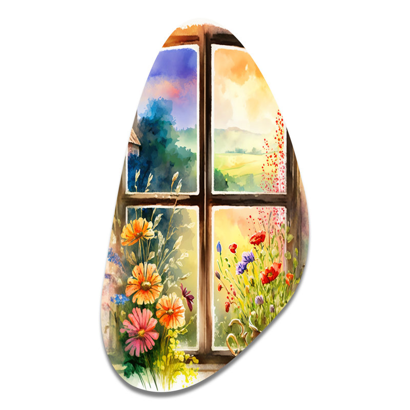 Été coucher de soleil floral fenêtre II - fenêtre de ferme de forme irrégulière, décoration murale en métal, reproduction de sculpture murale asymétrique en métal