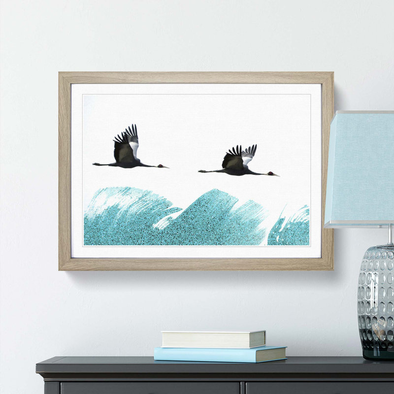 A Couple of Crane Birds Flying in Abstract - Picture Frame Painting Print, Oak Framed, 36cm H x 48cm W x 2cm D
