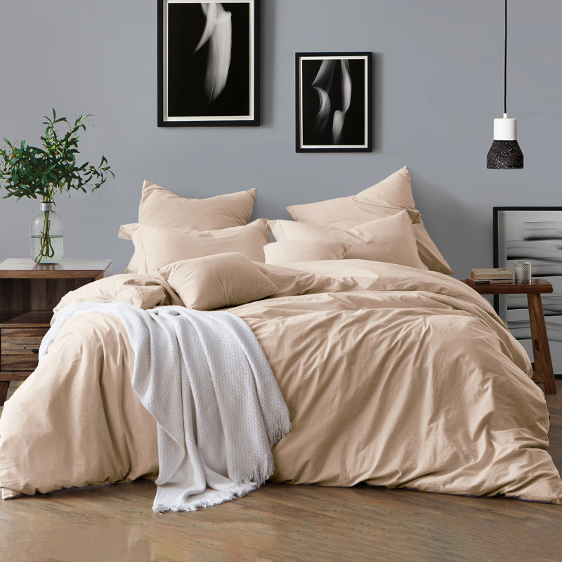 Ensemble de housse de couette en crêpe de coton prélavé à 100 %, Housse de couette double / grand et 2 taies décor, Amande