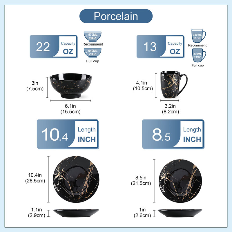 Black and Gold Splash Porcelain 16-Piece Dinnerware Set