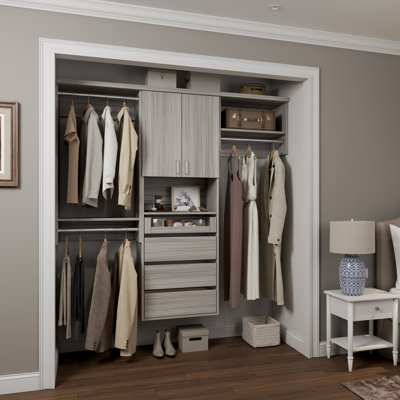 Grey Oak 94.5" Wall-Mounted Single Wall Closet System with 3 Sections, Slab Doors, 3 Clothing Rods, 5 Shelves & 4 Reveal Drawers