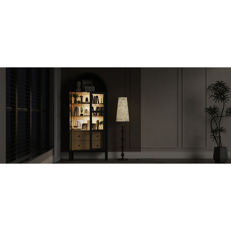 Modern Farmhouse Arched Cabinet with Glass Doors, Black