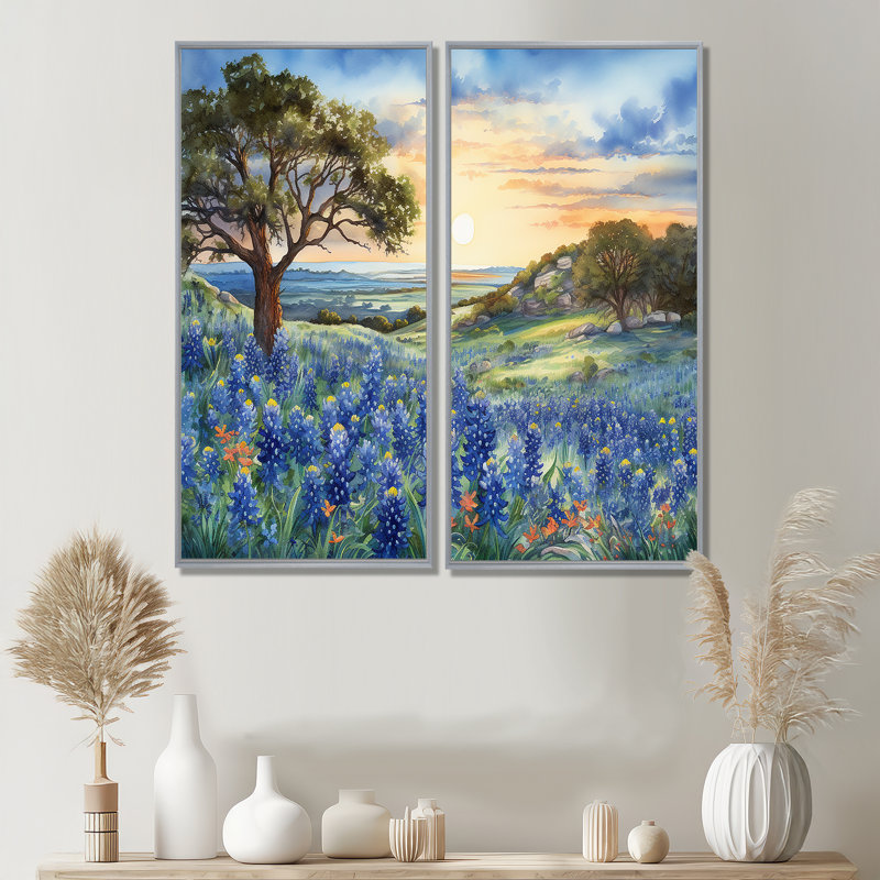 Blue Bonnets Sunset - Blue Wall Art, Floater Framed Print, 32" H x 32" W, Silver
