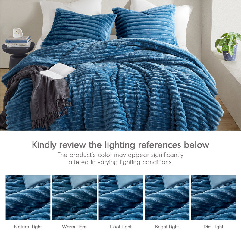 Avril Fluffy Ribbed Plush Comforter Set, Blue, King Comforter + 2 King Shams