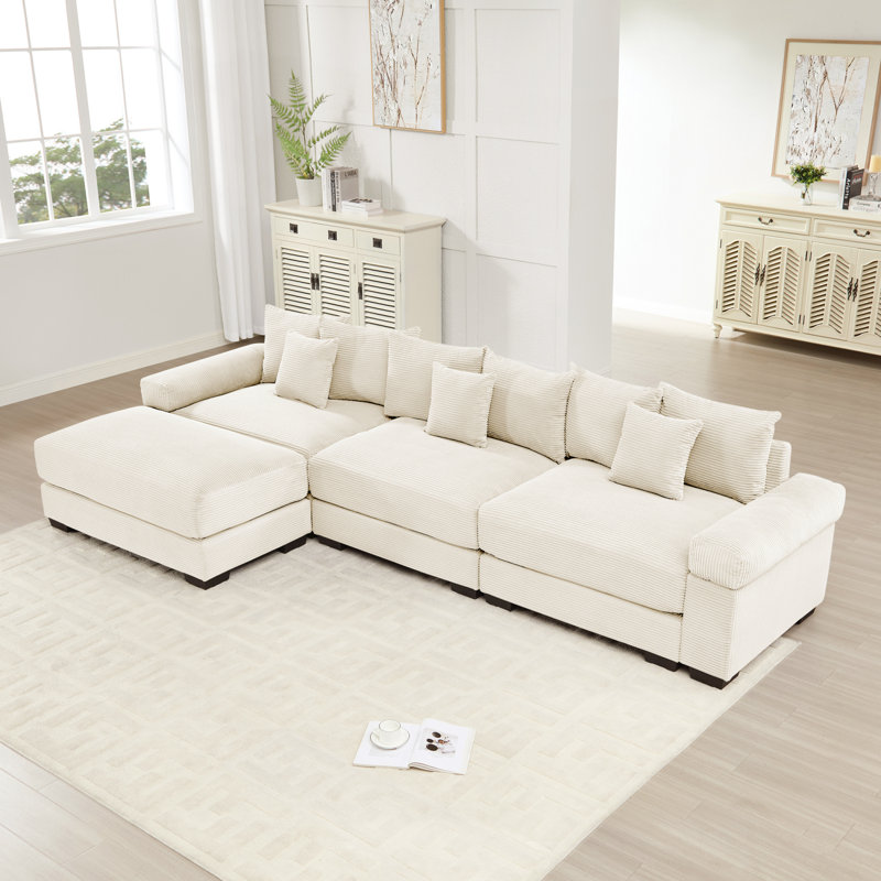 Canapé modulaire surdimensionné en L avec méridienne, assise profonde, conception ergonomique et assemblage facile, Beige