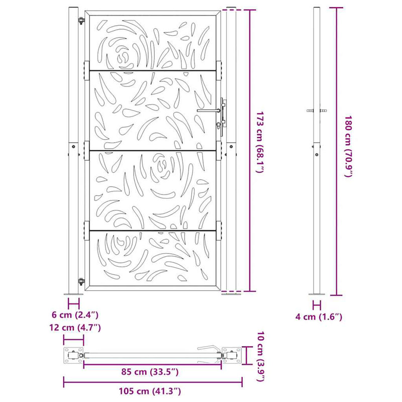  Garden Gate Steel Flame Design, 105 x 180 cm, Black
