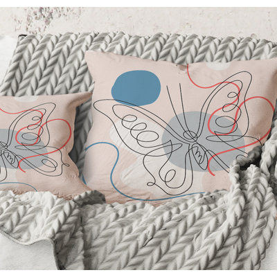 Square,Butterfly One Line Drawing On Cubism Shapes III - Modern Printed Throw Pillow