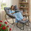 Chaise berçante avec repose-pieds, repose-pieds et coussins en osier gris foncé-1792115185