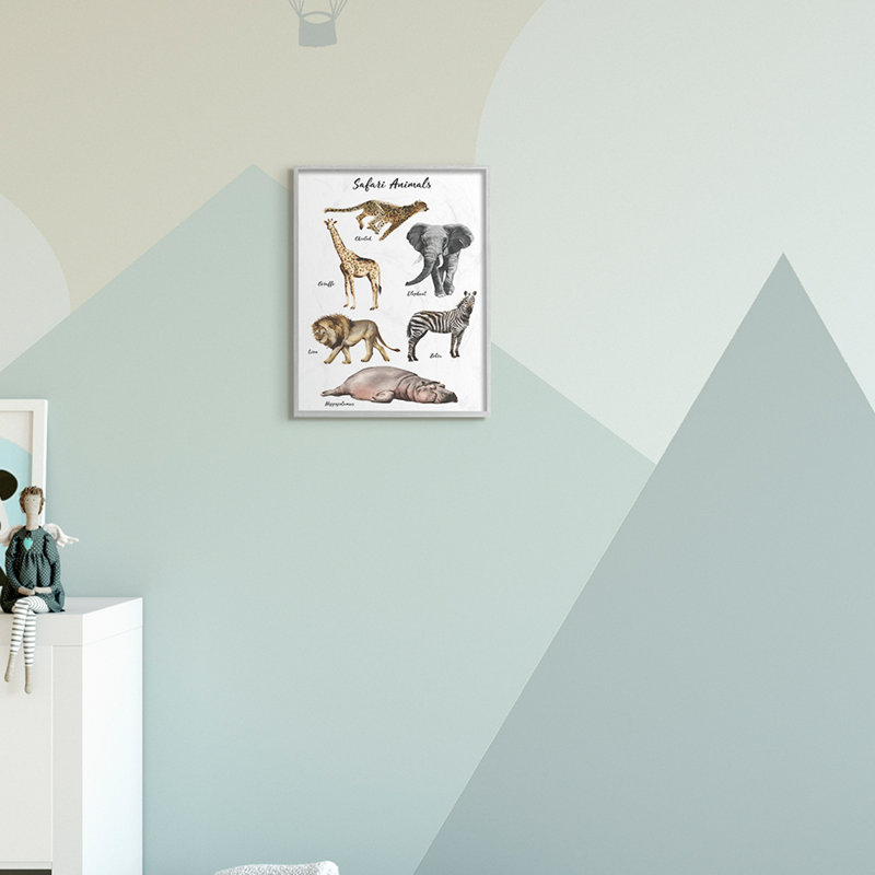 Safari, graphique animalier, aquarelle ludique, H 14 po x l 11 po x P 1,5 po, Giclée encadrée blanc bord de mer