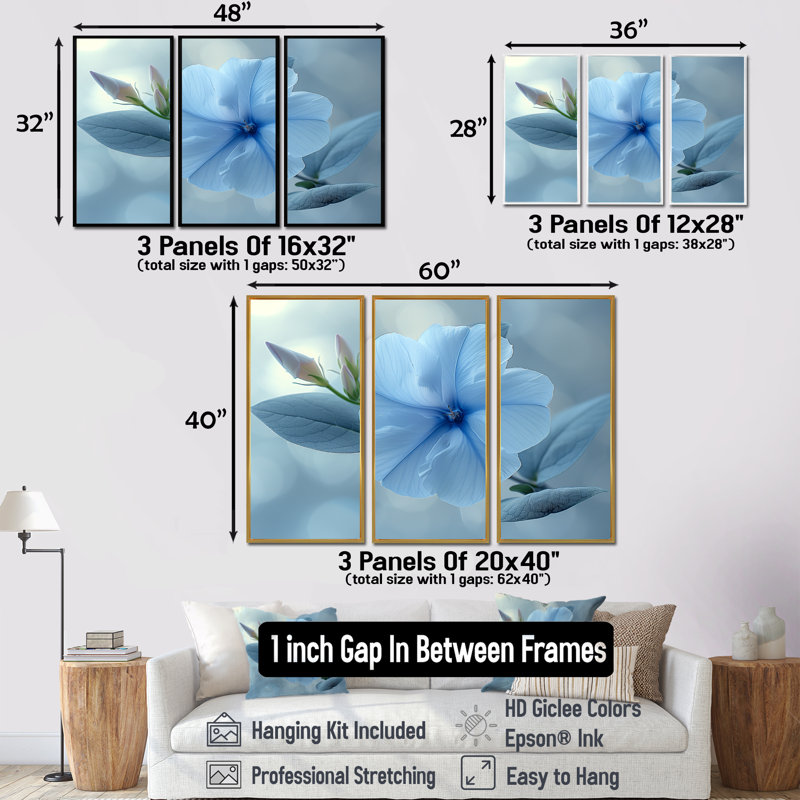 «Blue Crystal Morning Glory Flowers Photo III», ensemble de décorations murales, Toile argentée avec cadre flottant