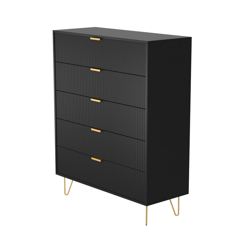  Commode 5 tiroirs en bois aggloméré avec pieds et poignées en métal doré. (Noir)